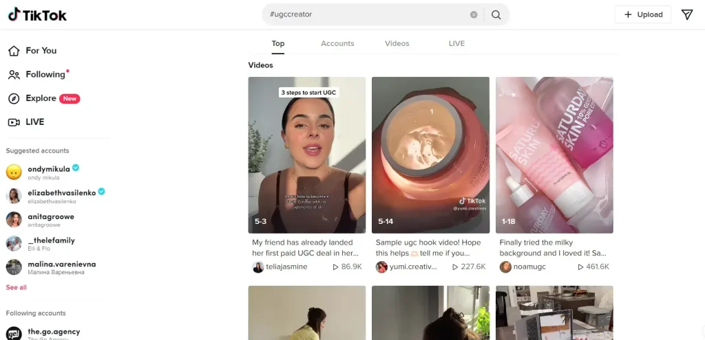 TikTok search results page showing UGC creator content and hashtags.