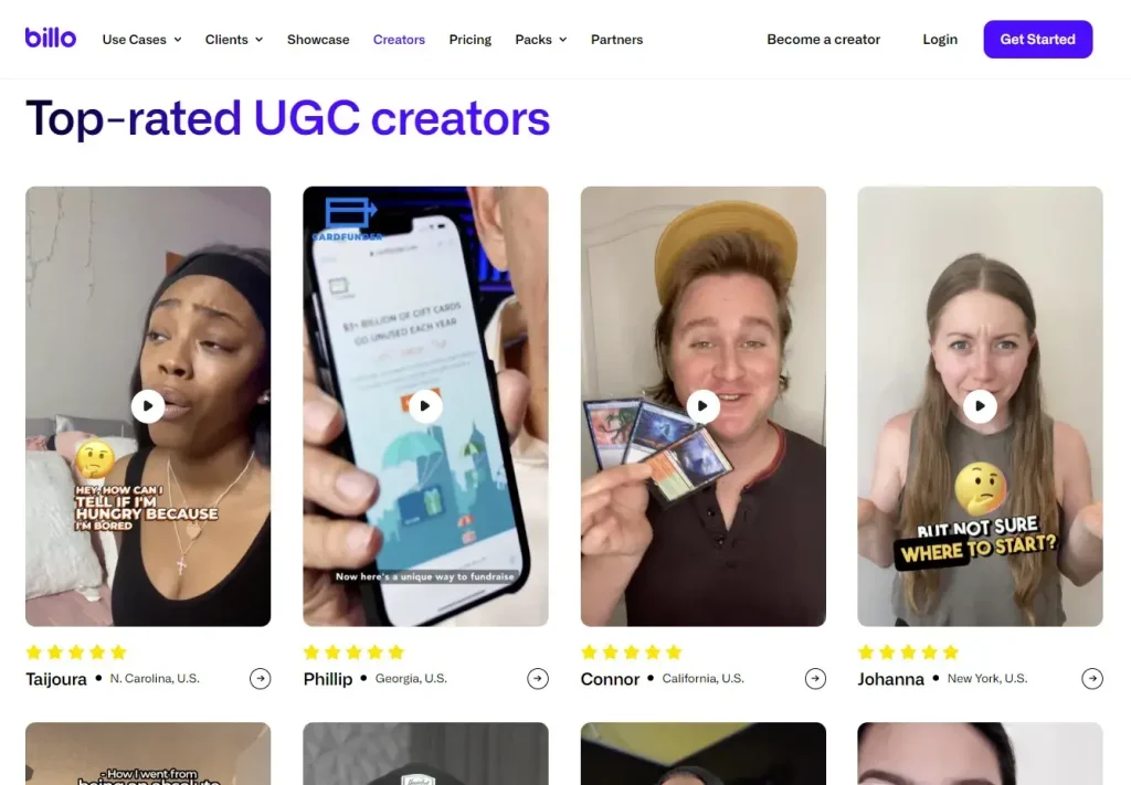 Showcase of top-rated UGC creators on Billo platform with video thumbnails of various creators.