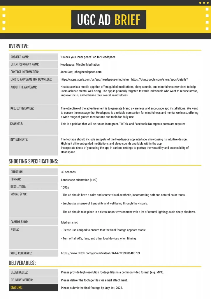Example of a UGC Ad Brief template with project details, shooting specifications, and deliverables.