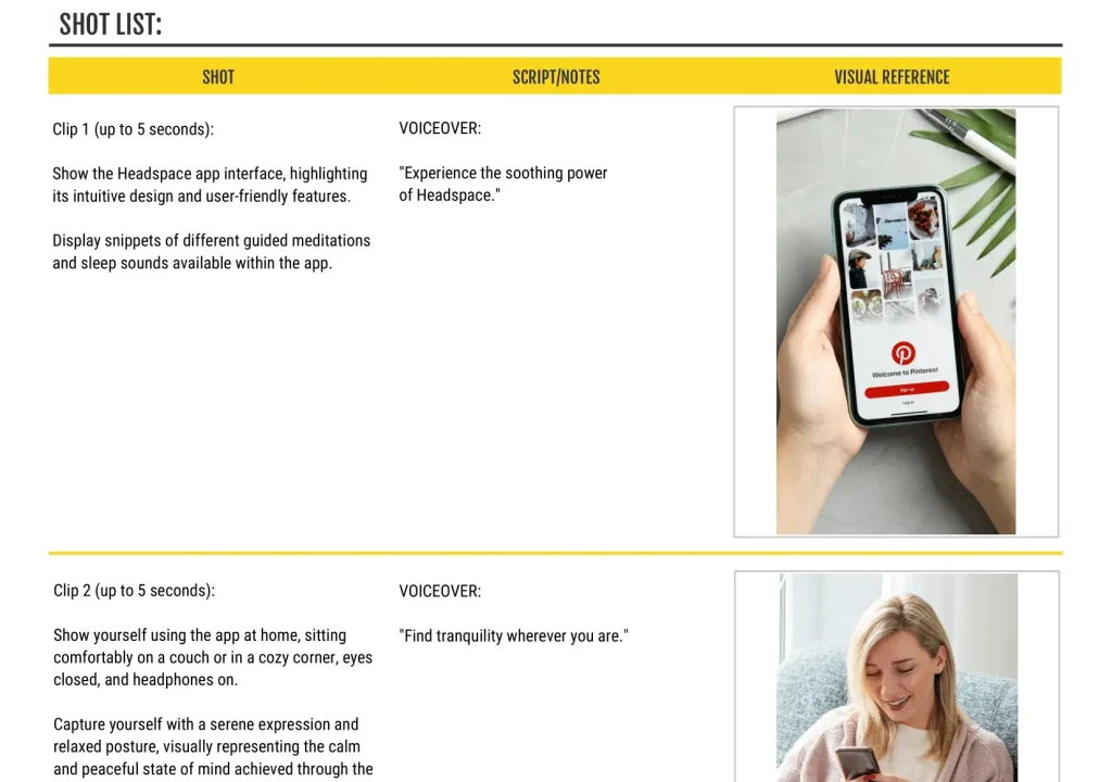 Example of a UGC Ad Brief shot list, including visual references, script notes, and shooting details.