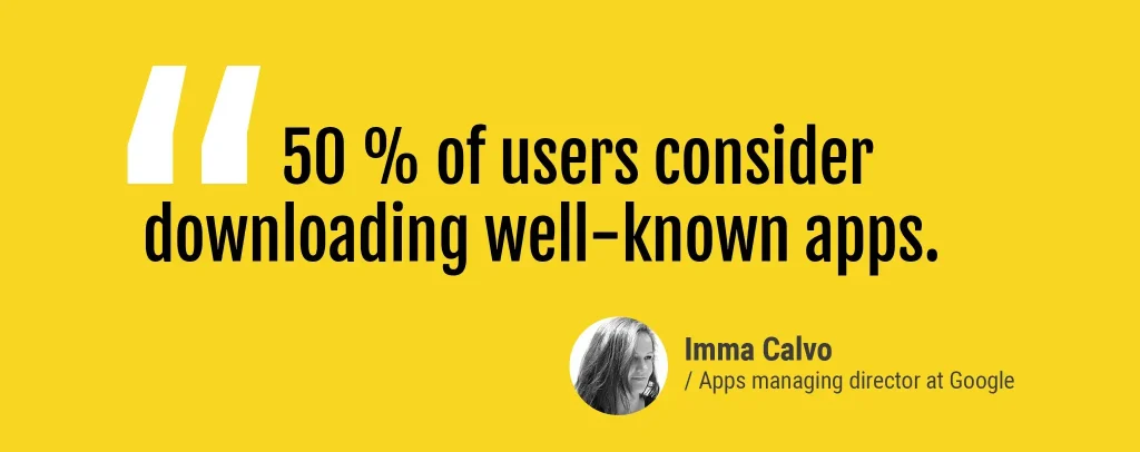 A quote by Imma Calvo emphasizing the value of brand recognition, supported by her insights on the impact of branding on mobile app user behavior.