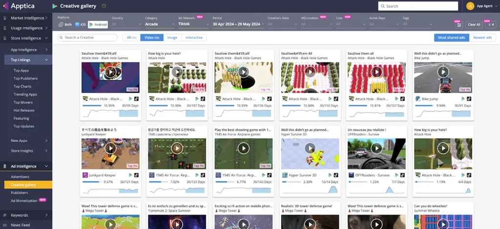 Screenshot of the Apptica creative gallery showing a grid of top-performing mobile video ads across games, with thumbnails, performance stats, and filter options for ad intelligence.