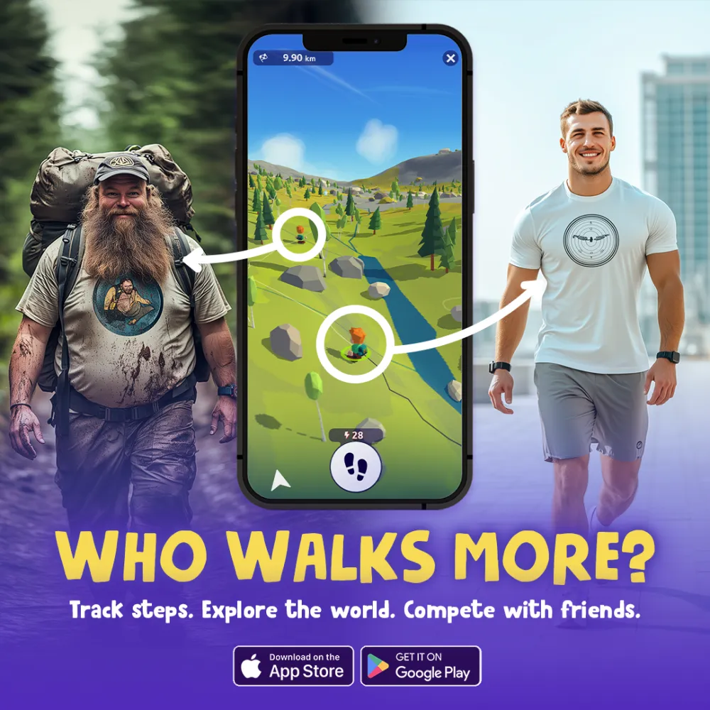 Mobile game creative ad example showing a fitness tracking game where two characters compete on steps, comparing a hiker and an athlete to highlight gamified walking challenges.