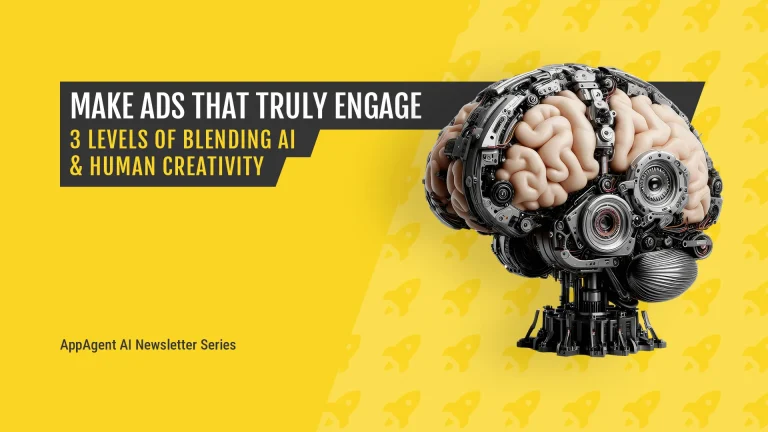 3D hybrid human–AI brain illustration representing the blend of human creativity and artificial intelligence in mobile game ad production.