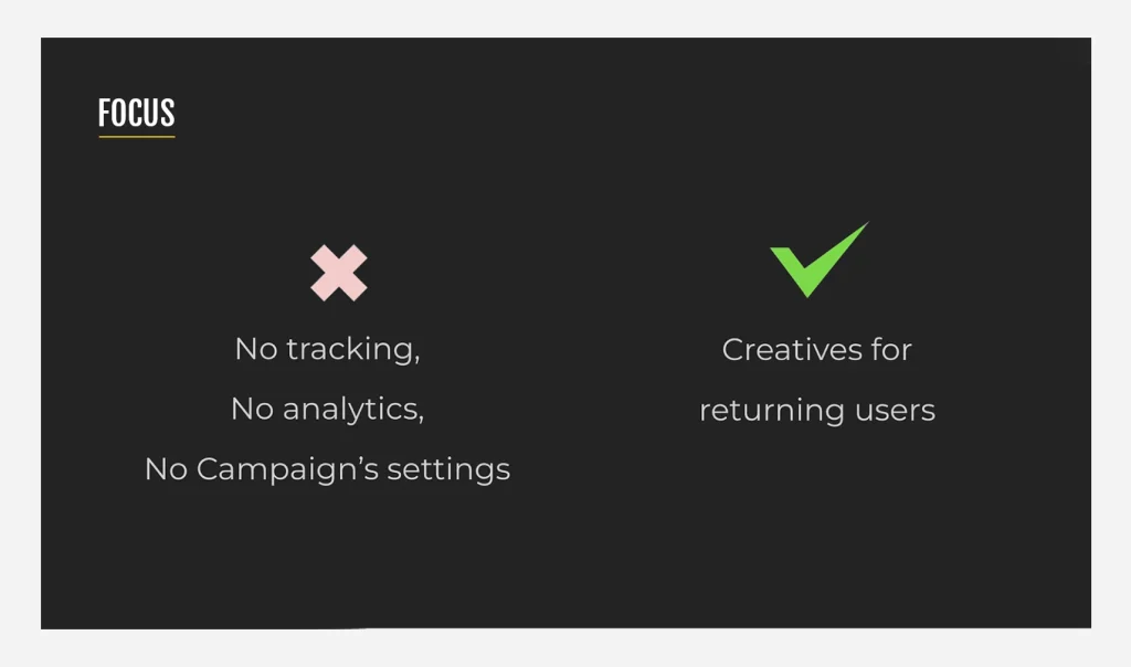 Slide showing focus on creatives for returning users versus campaigns without tracking or analytics, highlighting data-driven creative strategy.