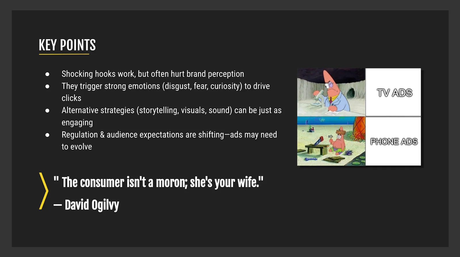 Presentation slide from “Hooks That Hurt: How Disturbing Ads Reel Us In” summarizing key creative takeaways for emotional advertising in mobile games.