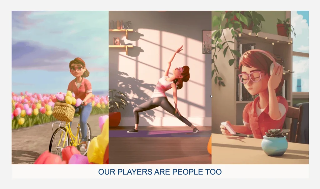 Game characters depicting real-life player moments—cycling, yoga, and music—reinforcing human-centered creative storytelling in mobile gaming.