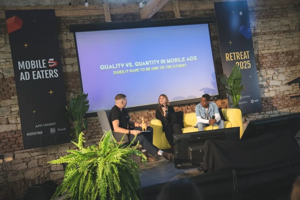 Panel discussion at Mobile Ad Eaters Retreat 2025 on quality vs. quantity in mobile ads featuring experts from AppAgent, Tactile Games, and Voodoo.