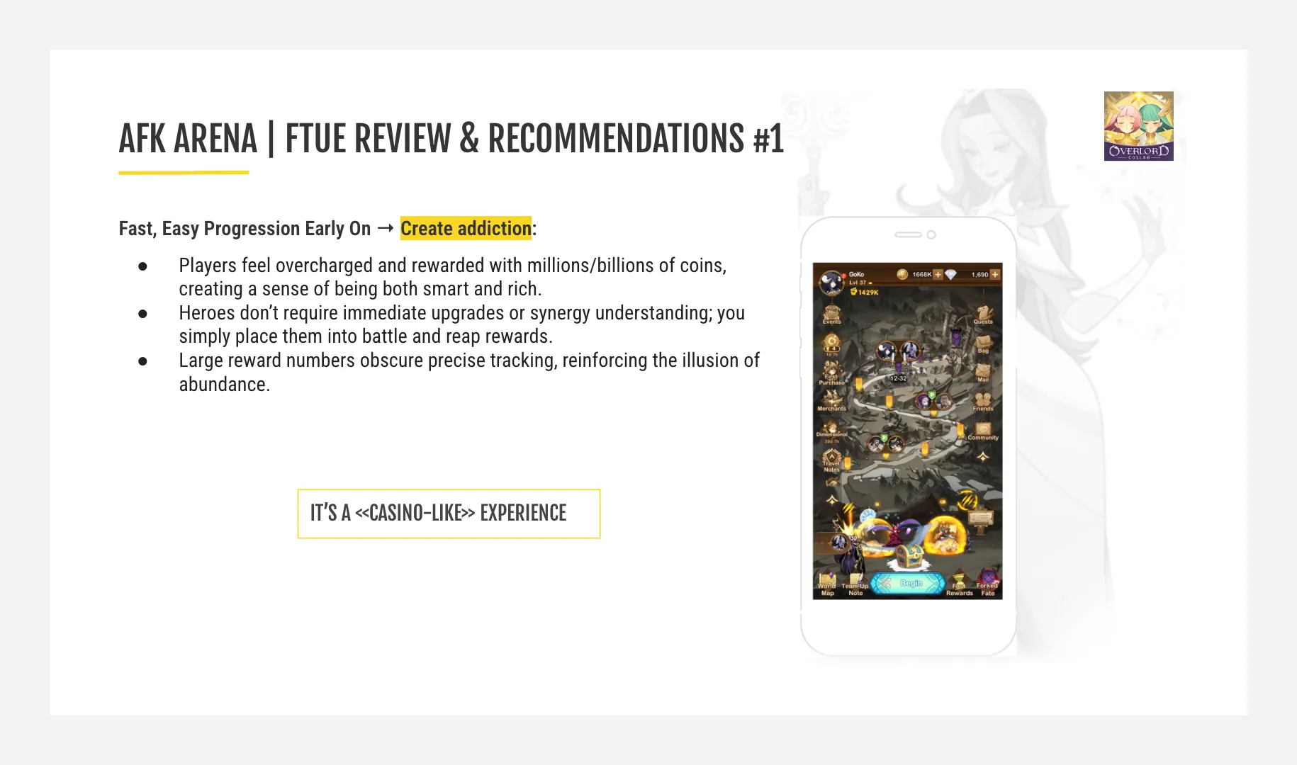 Slide analyzing AFK Arena’s FTUE design and how its RPG systems drive early-game engagement and retention.