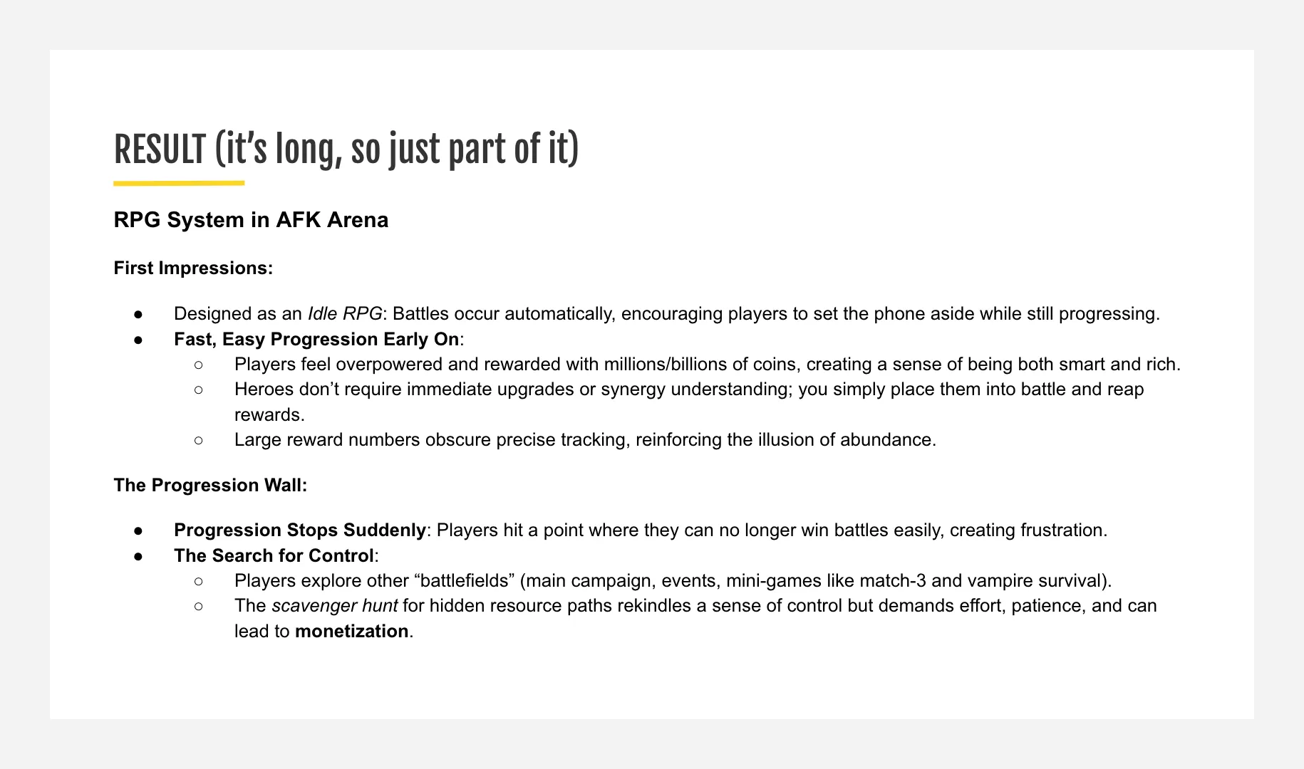 Text slide analyzing AFK Arena’s RPG systems and FTUE flow to understand player onboarding and progression mechanics.