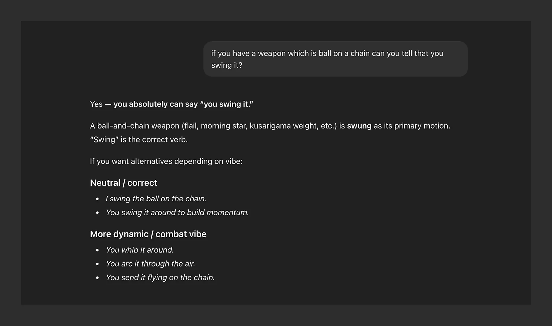 ChatGPT grammar-check example correcting a sentence, illustrating how a creative strategist uses AI for writing precision.
