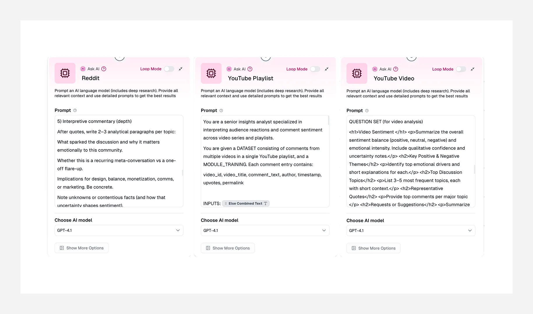Example of advanced sentiment-analysis prompt used to evaluate comments, topics, and emotional patterns with AI tools.