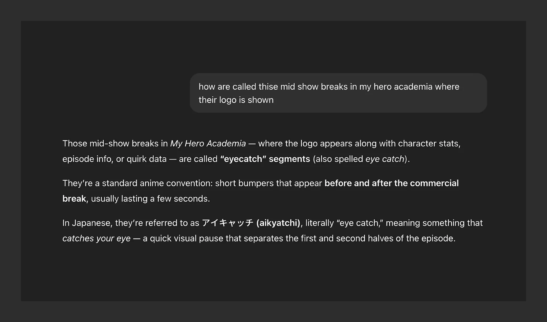 AI helping identify the animation term “eyecatch,” demonstrating creative strategist AI workflow for terminology searching.