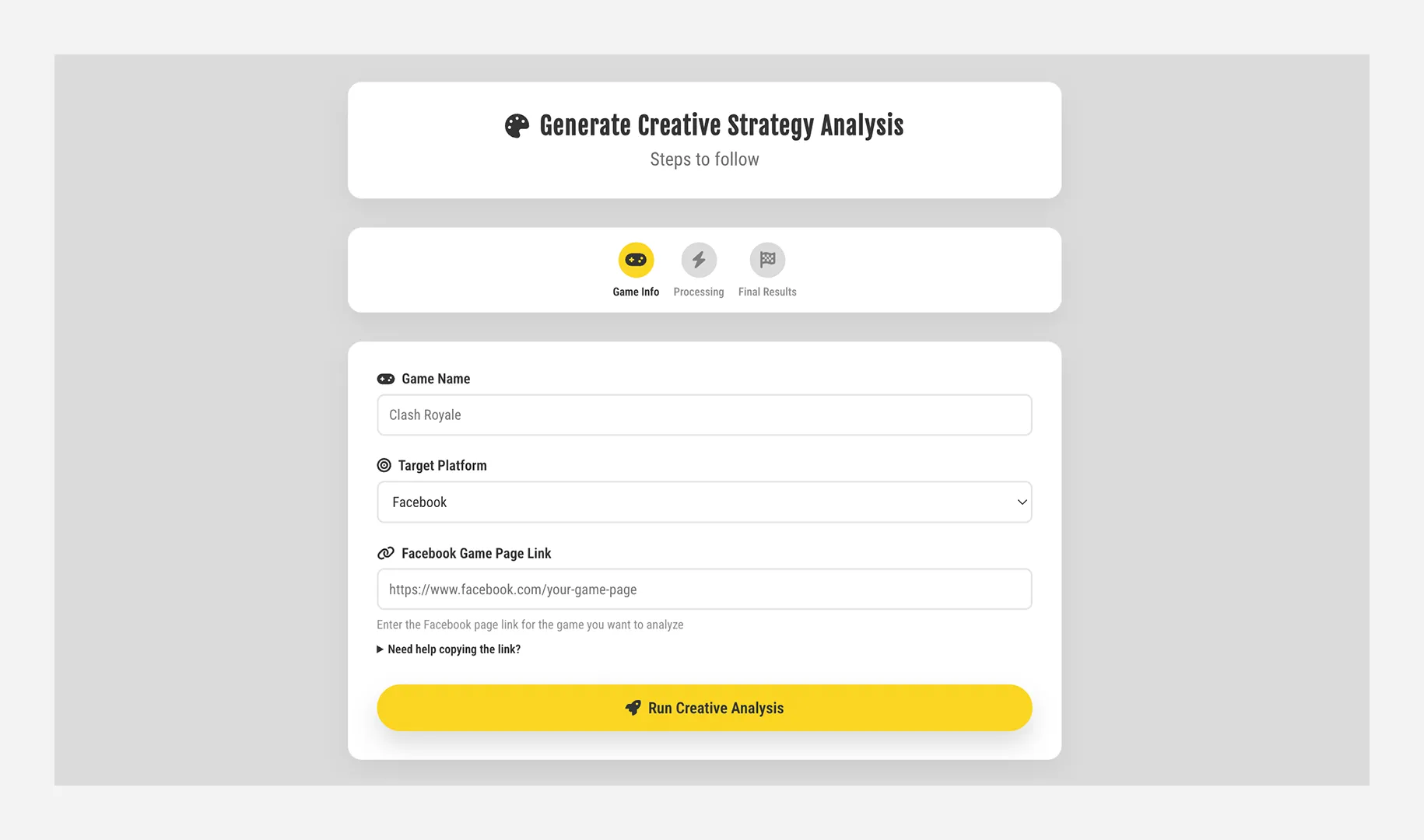 User interface of AppAgent’s Optimus tool showing the Creative Strategy Analysis form for entering game info and running automated analysis.