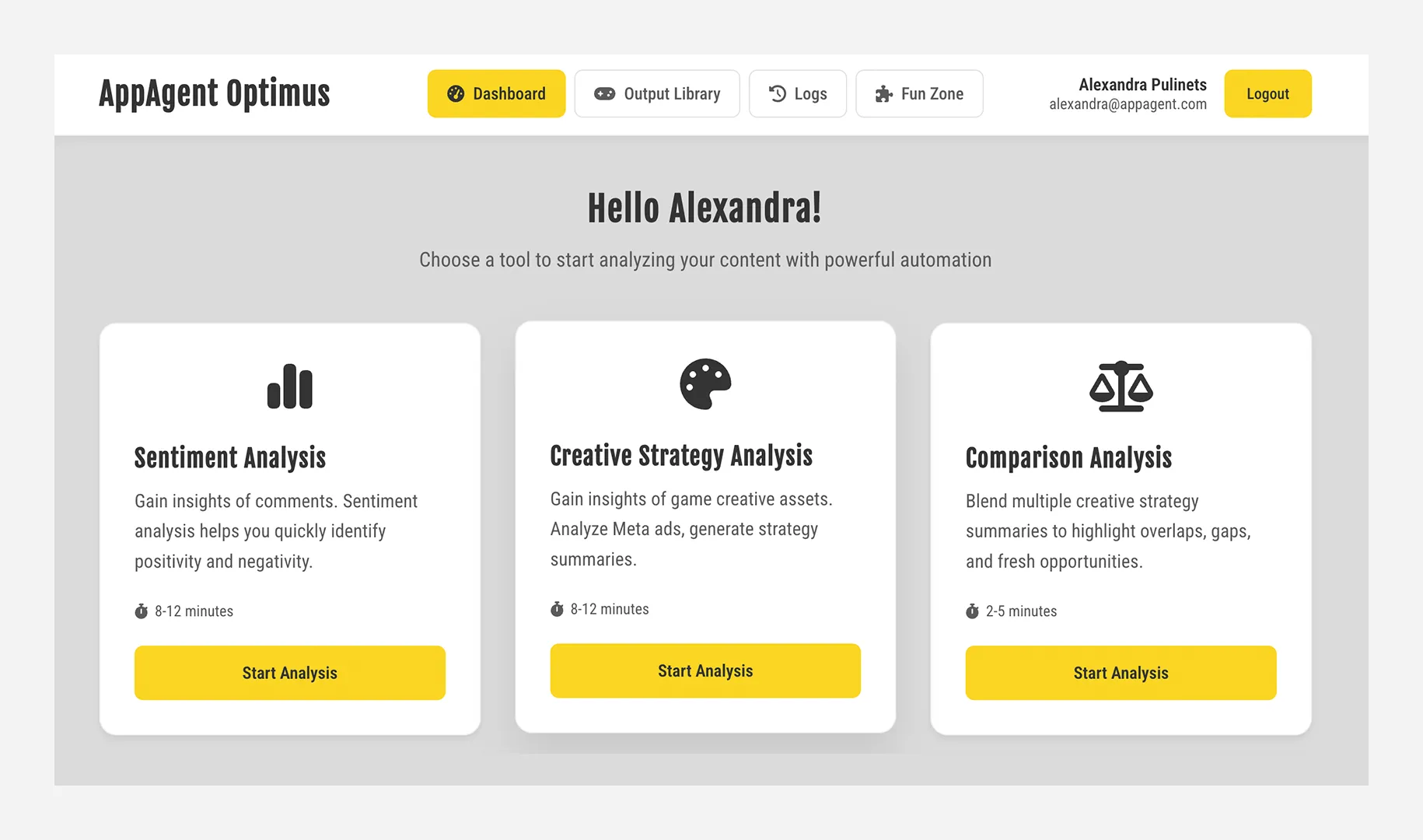 Dashboard of AppAgent’s Optimus platform displaying AI-powered tools for sentiment analysis, creative strategy analysis, and competitor comparison.