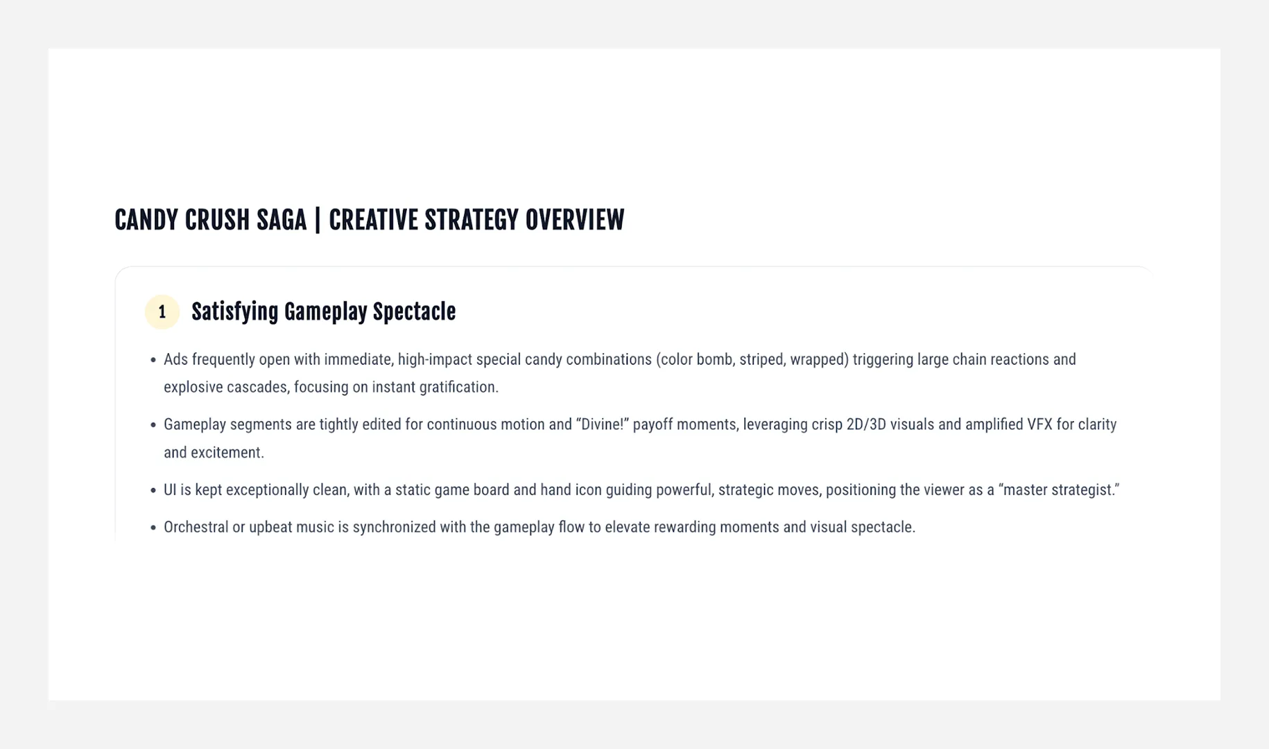 Creative strategy overview comparing Candy Crush tropes, positioning, and category opportunities across the Match-3 market.