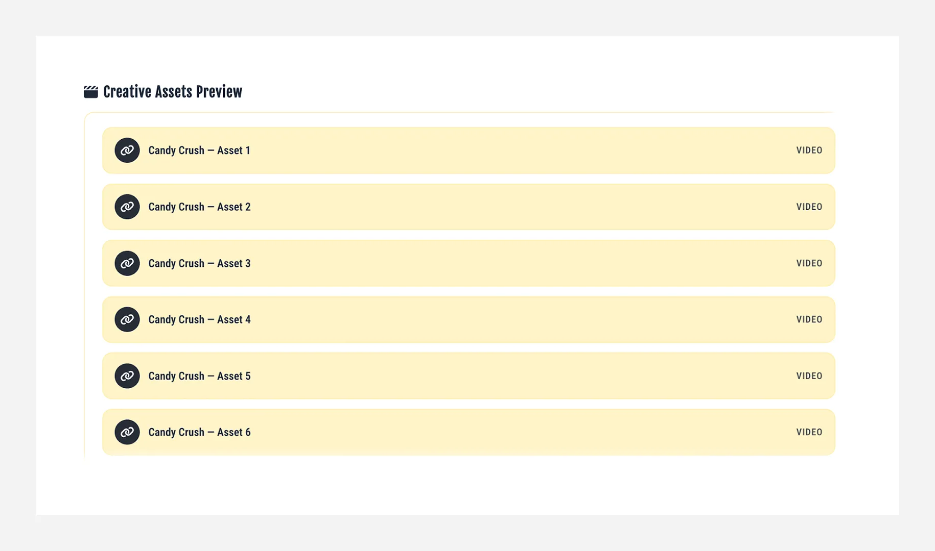 Slide preview listing creative assets prepared for analysis or production within a strategic creative workflow.