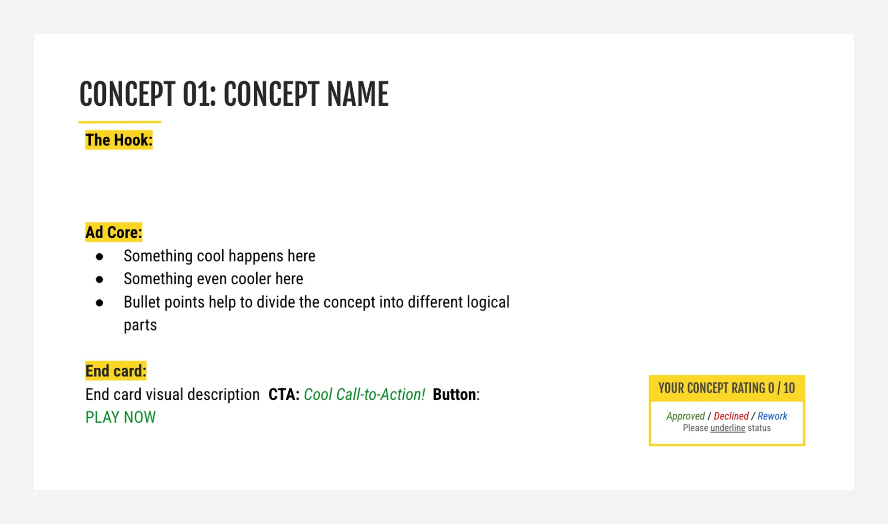 Template showing hook, ad core, and end card structure used by creative strategists when formatting AI-supported concepts.