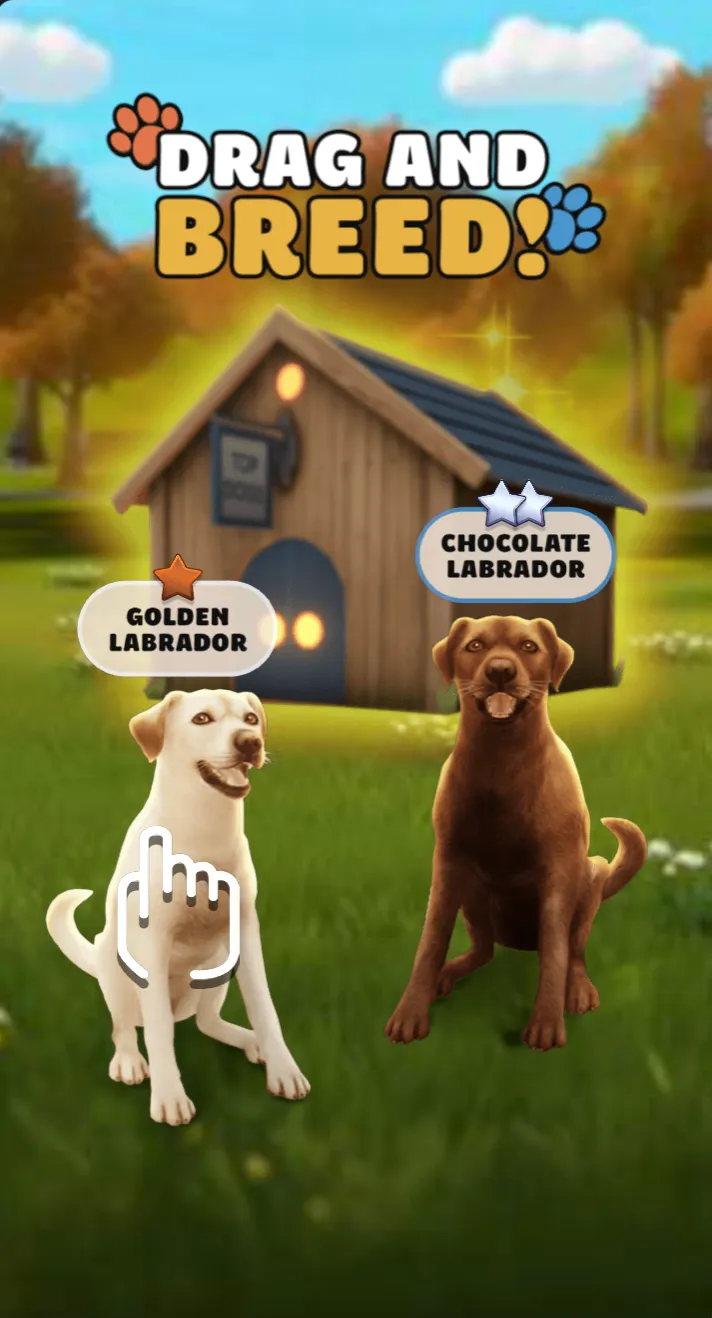 PocketPaws playable ad showing a drag and breed dog mechanic