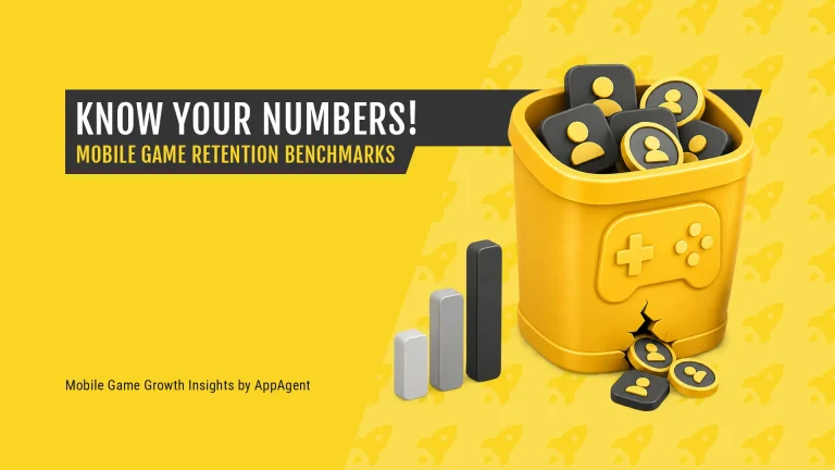3D yellow bucket with player and coin tokens leaking out, illustrating how weak mobile game retention turns user acquisition spend into a leaky bucket.
