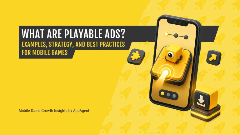 3D smartphone showing an interactive playable mobile game ad with a tap cue and install reward token