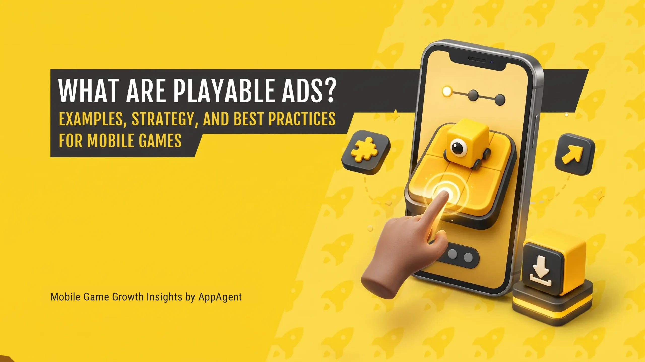 3D smartphone showing an interactive playable mobile game ad with a tap cue and install reward token