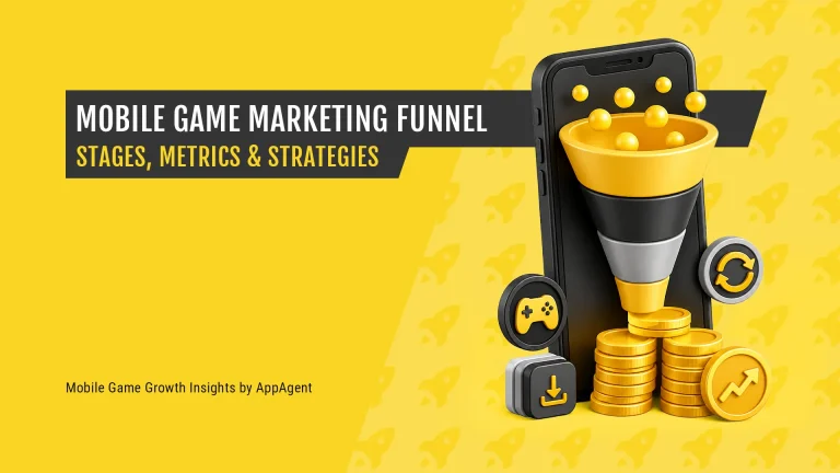 3D mobile game marketing funnel illustration with a smartphone, player tokens, retention icon, install icon, and coin stacks representing the journey from acquisition to long-term LTV.