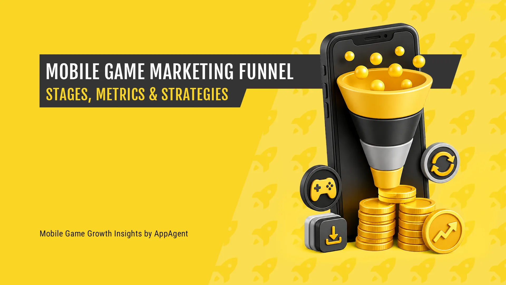 3D mobile game marketing funnel illustration with a smartphone, player tokens, retention icon, install icon, and coin stacks representing the journey from acquisition to long-term LTV.